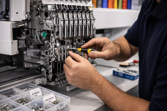 Technician repairing embroidery machine needle assembly