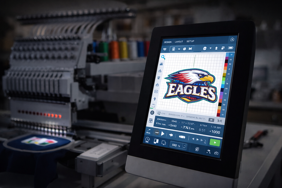 Embroidery design software on machine touchscreen
