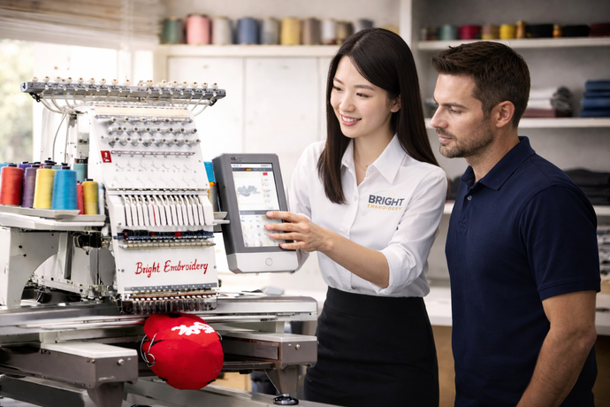 Bright Embroidery technician training customer on embroidery machine